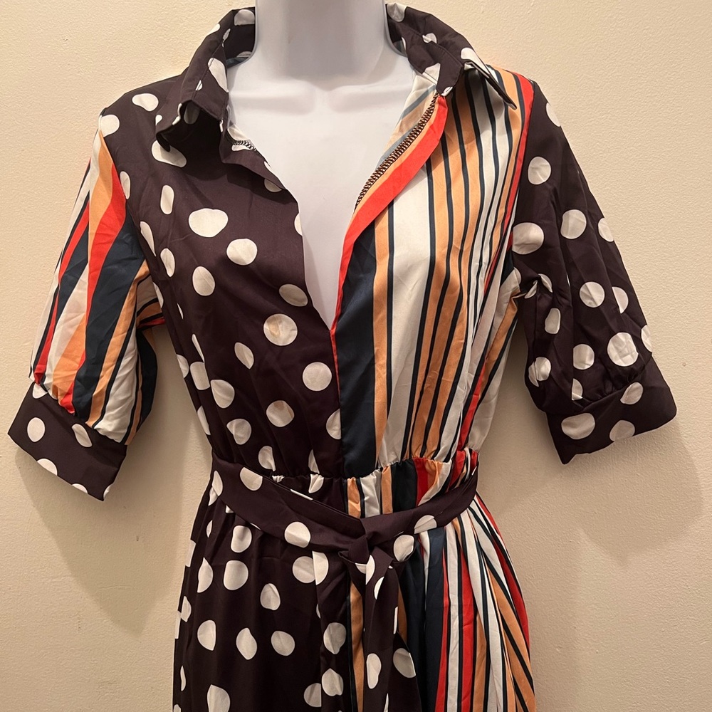 Shein Polka-dot & Striped Split Thigh Belted Dress